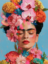 Tableau Frida Kahlo couronnes florales colorées orchidées et dahlias fond bleu art moderne