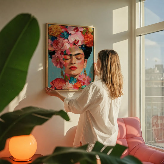 Modernes Wohnzimmer mit Frida Kahlo Leinwandbild und farbiger Blütenkrone – Frau bewundert die Wanddeko