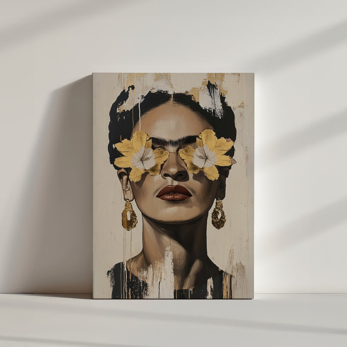 Portrait artistique d’une femme inspirée de Frida Kahlo, avec des fleurs dorées en guise de lunettes. L’œuvre est peinte dans un style moderne avec des touches dorées qui ajoutent une texture luxueuse. Son expression forte et les boucles d’oreilles imposantes renforcent l’intensité du tableau.