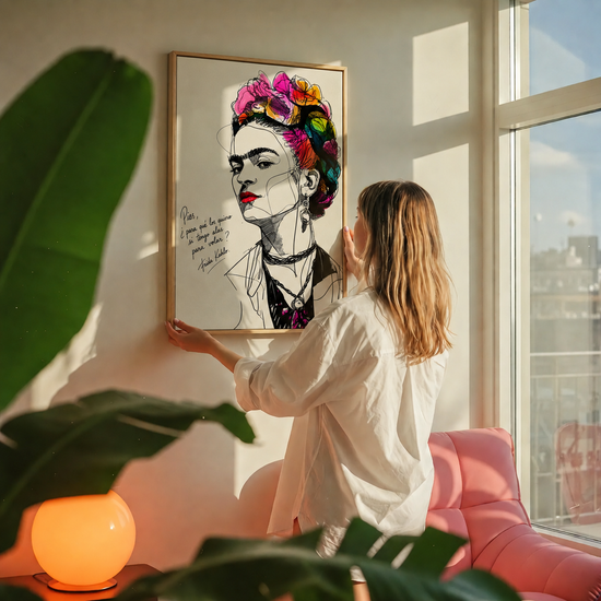 Decorative canvas of Frida Kahlo with colorful floral crown and red lips, hanging in a bright living room with pink chair and natural light, light wood American frame