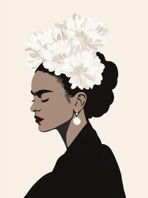 An elegant and minimalist illustration of Frida Kahlo, showcasing a striking contrast between her black silhouette and white flowers. The beige background enhances the softness and harmony of this artwork.