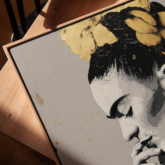 Frida Kahlo black, white and gold canvas wall art for a modern living room, street art style