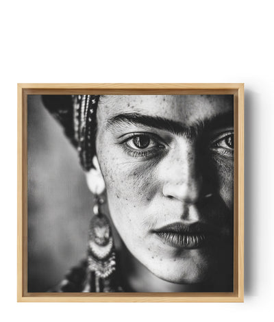 Frida Kahlo – Blick wie Feuer in Schwarz-Weiß: Halbes Gesicht in enger Nahaufnahme auf Frida Kahlos Auge. Ihre Haut ist gezeichnet, ihre Lippen geschlossen, und das Licht betont jede Kontur. Die Atmosphäre ist roh und authentisch, ohne Schnörkel.