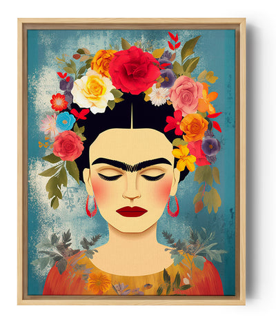 Frida-Kahlo-Bild mit Blumen, das das ikonische Gesicht der Künstlerin in einer Blumenkrone darstellt
