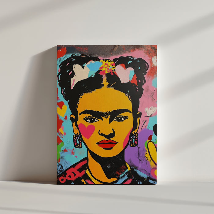 Vibrant Frida Kahlo street art portrait in bold yellow, red, and blue tones, surrounded by colorful hearts and abstract patterns; a striking canvas for modern decor