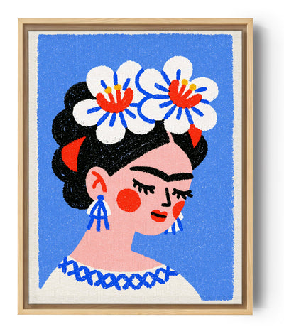 Gestileerd Frida Kahlo schilderij, blauwe achtergrond, witte en rode bloemen, kleurrijk portret, moderne kunst
