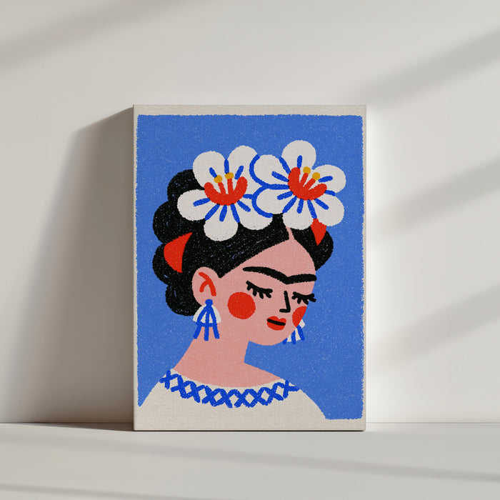 Tableau Frida Kahlo stylisé fond bleu fleurs blanches pop art ambiance minimaliste épurée