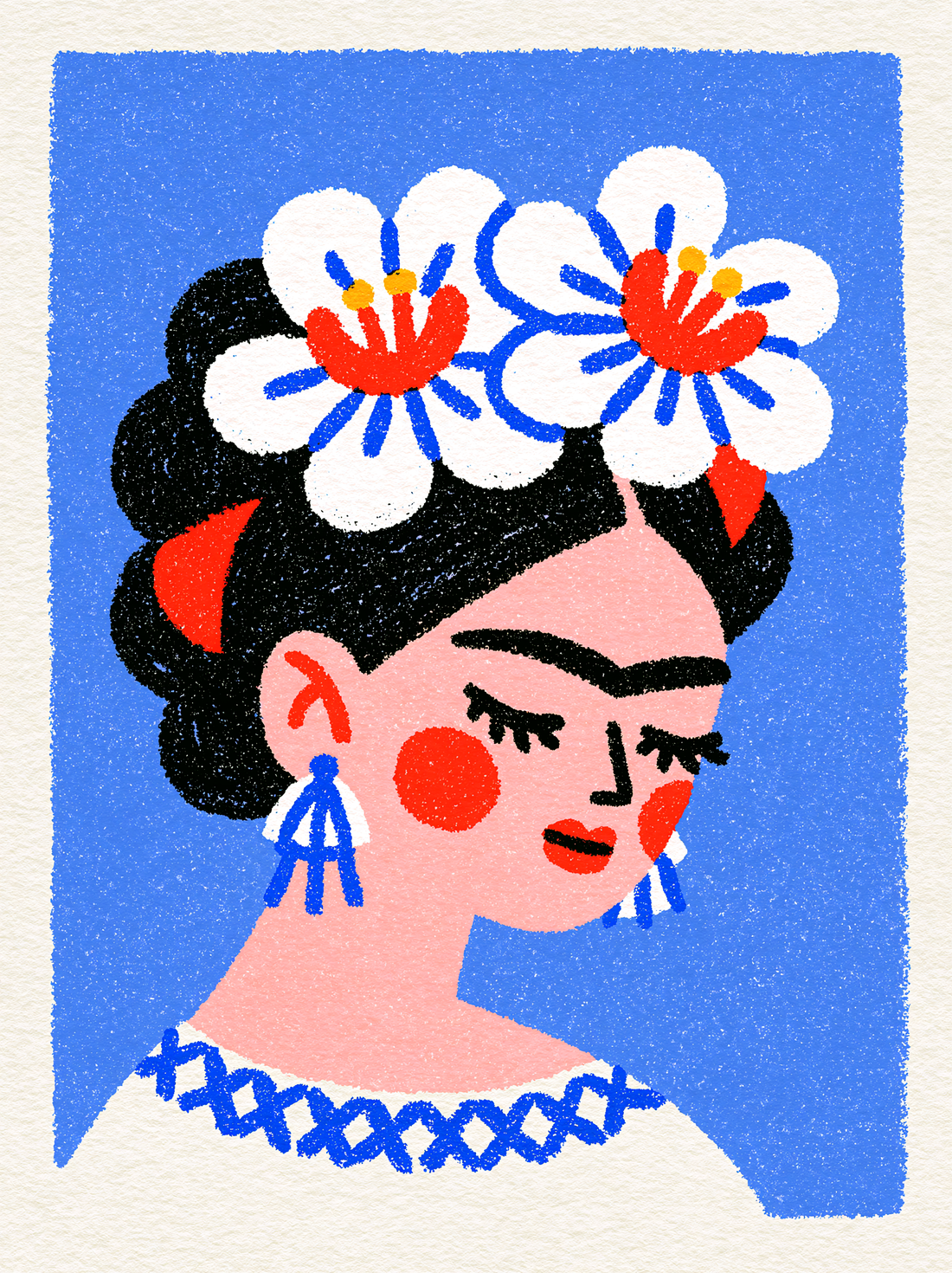 Tableau sur toile Frida Kahlo - Force joyeuse et fleurs blanches pop art