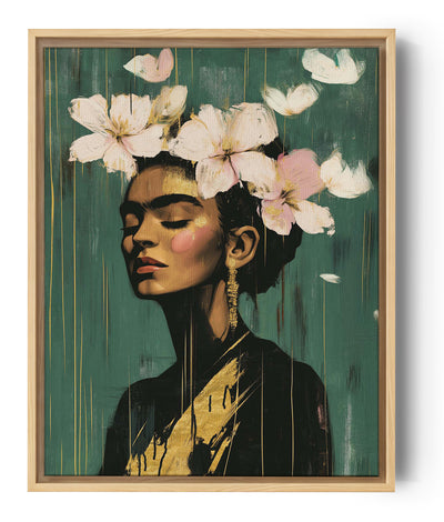 Frida Kahlo art poster on a green background with white and pink flowers and gold accents — elegant wall decor