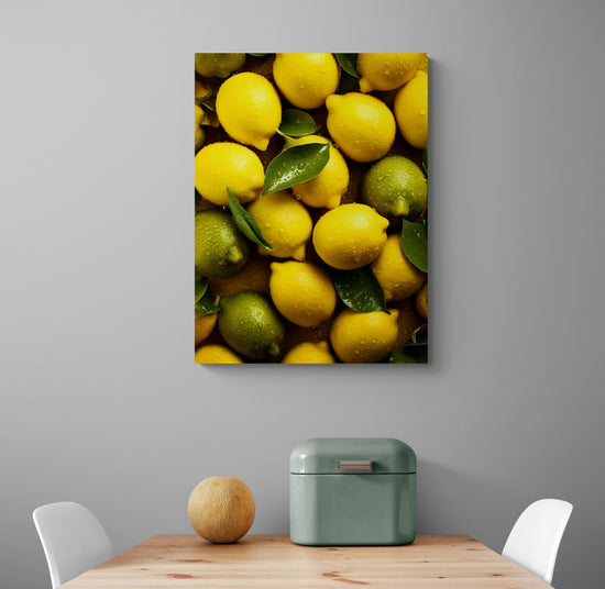 Un poster de citrons mûrs avec des feuilles luisantes est placé sur un mur gris pâle au-dessus d'une table en bois clair, dans une salle à manger minimaliste avec des chaises blanches modernes.