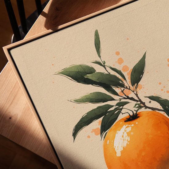 Orange with leaves wall art for living room, golden oak frame