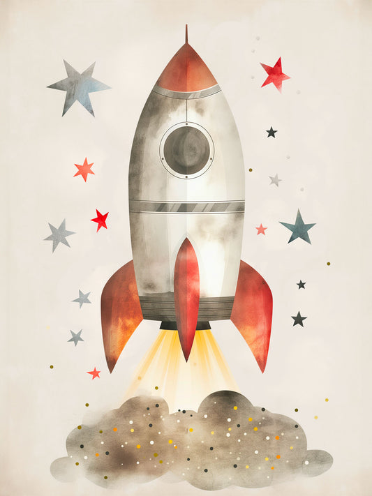 illustration pour enfant avec une fusée décollant entouré d'étoiles colorées