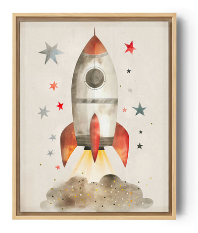 Children's illustration of a rocket taking off surrounded by colorful stars, space nursery wall art