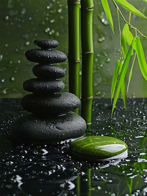 A nature photograph featuring stones, bamboo, and water.