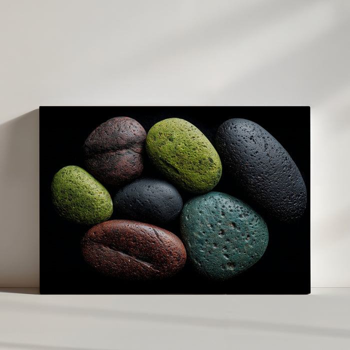 Colorful pebbles on a black background – zen, natural style wall art