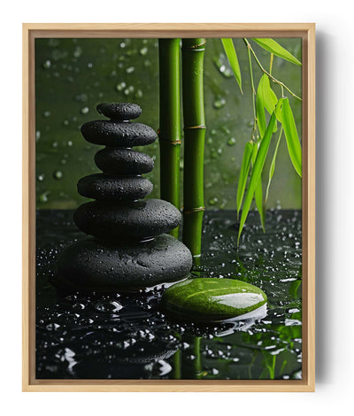 Zen nature photo with river stones, bamboo, and water