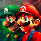 Tableau vibrant de Mario et Luigi, style pop art, contre un fond abstrait