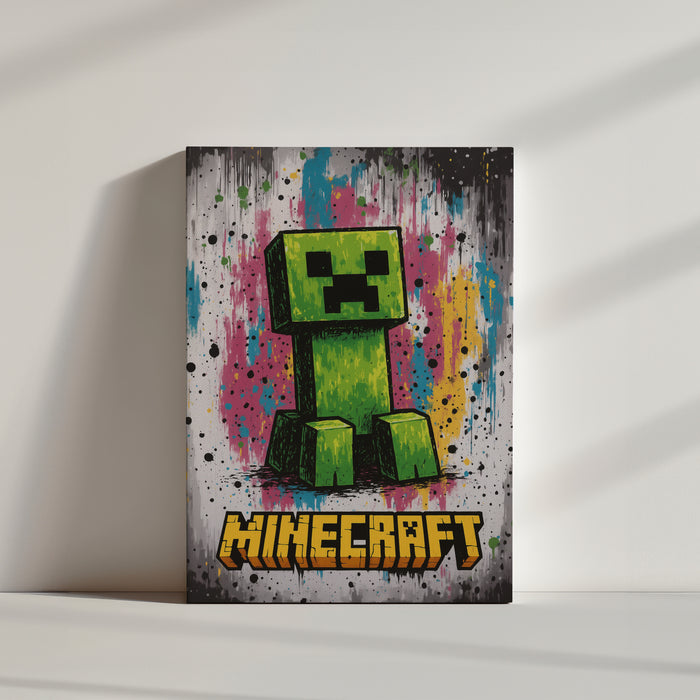 Gamer wall decor with pixelated green character and multicolor splatter background, pop art