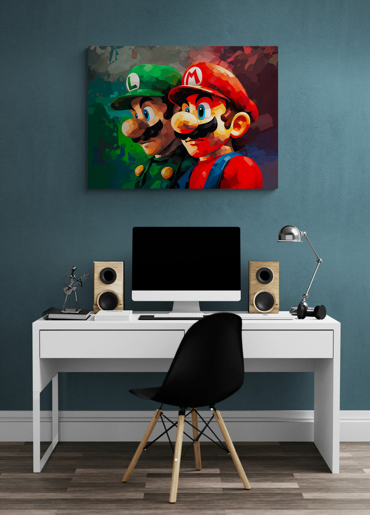 Tableau gaming coloré de Mario et Luigi au-dessus d'un bureau moderne.