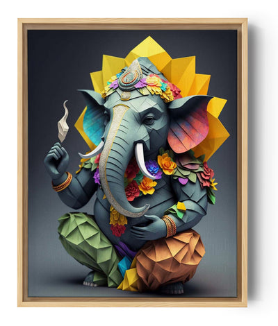 tableau origami du dieu indien Ganesh, fleurs colorées, couleurs vives, très détaillé, fond gris