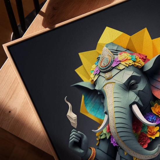 Ganesh origami fleuri tableau mural pour salon cadre chêne doré