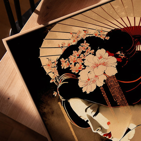 Tableau toile geisha fleurs sakura pour salon cadre chêne doré