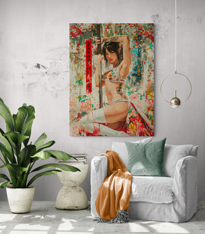 Modern living room with sexy Japanese warrior wall art