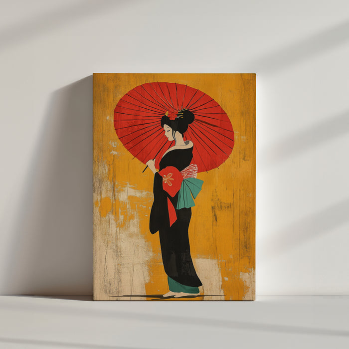 Japanese geisha in a black kimono with a large red parasol on a textured yellow background
