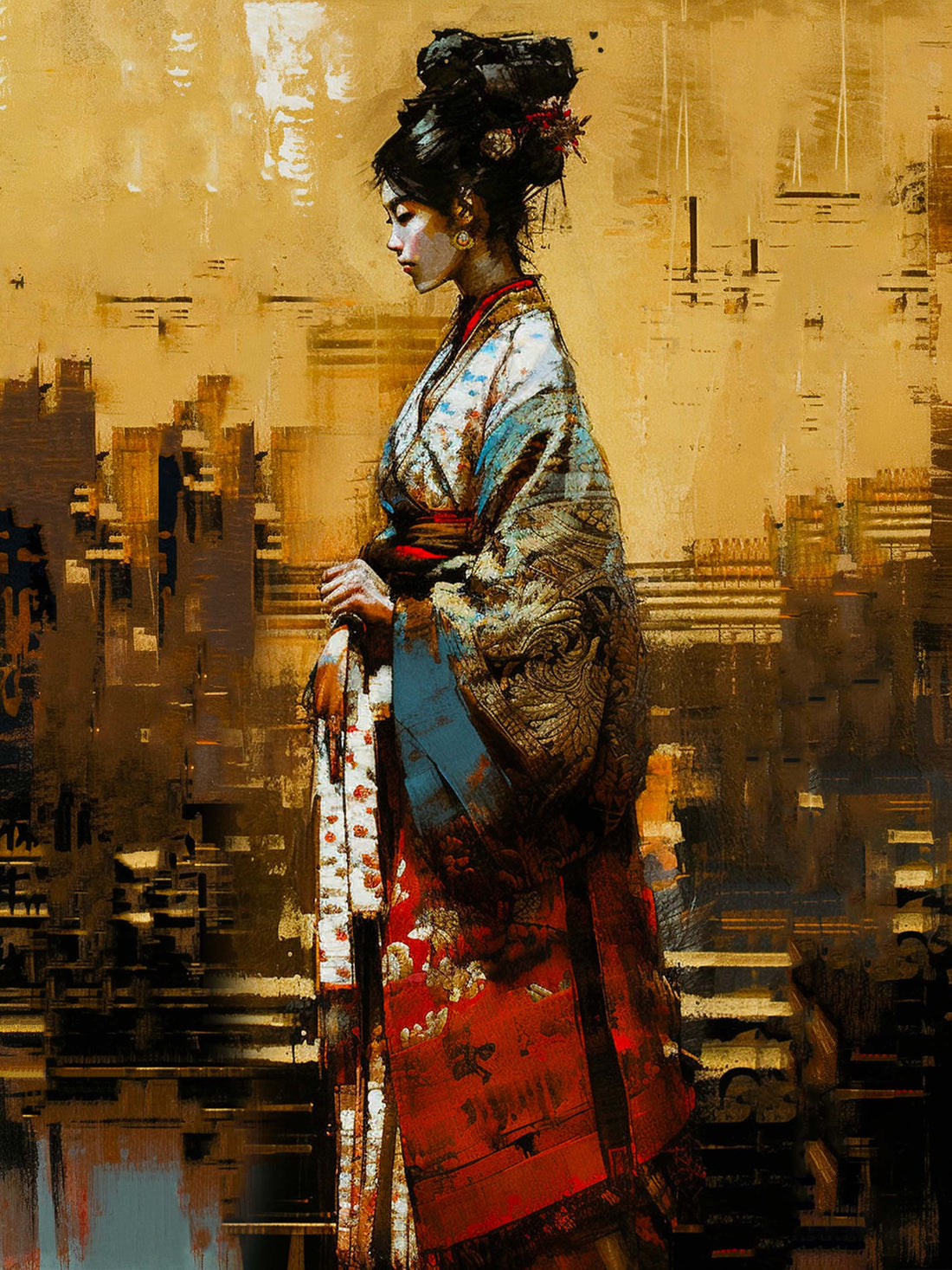 Grand tableau Geisha - Tons chauds zen