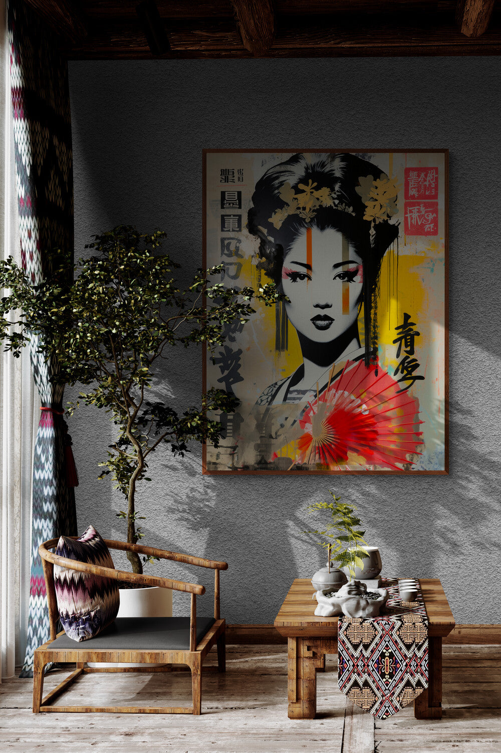 L'élégance traditionnelle rencontre l'art urbain dans un coin de détente, où le tableau de geisha ajoute un point focal audacieux et artistique