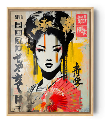 Ein modernes Kunstwerk, das ein stilisiertes Porträt einer Geisha mit dynamischen grafischen Elementen und japanischen Schriftzeichen zeigt und Tradition mit Urbanität verbindet
