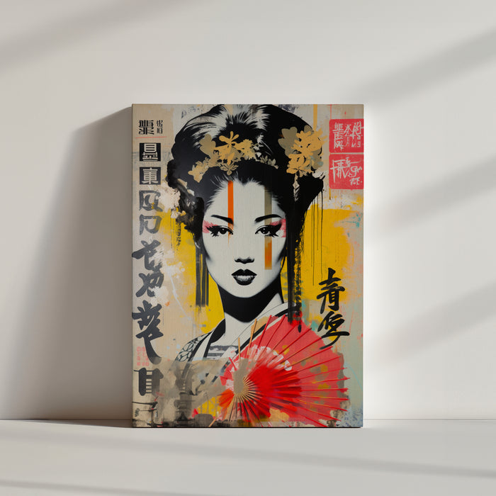 Modern artwork featuring a stylized geisha portrait with dynamic graphic elements and Japanese lettering, blending tradition with urban street style