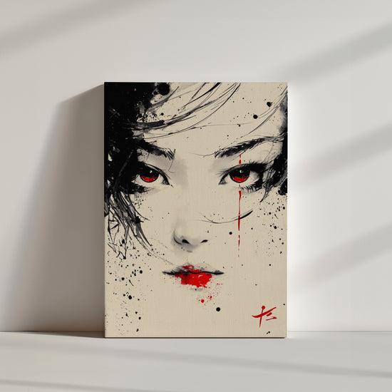 Tableau de geisha détaillé avec yeux rouges et lèvres écarlates sur fond noir et blanc.