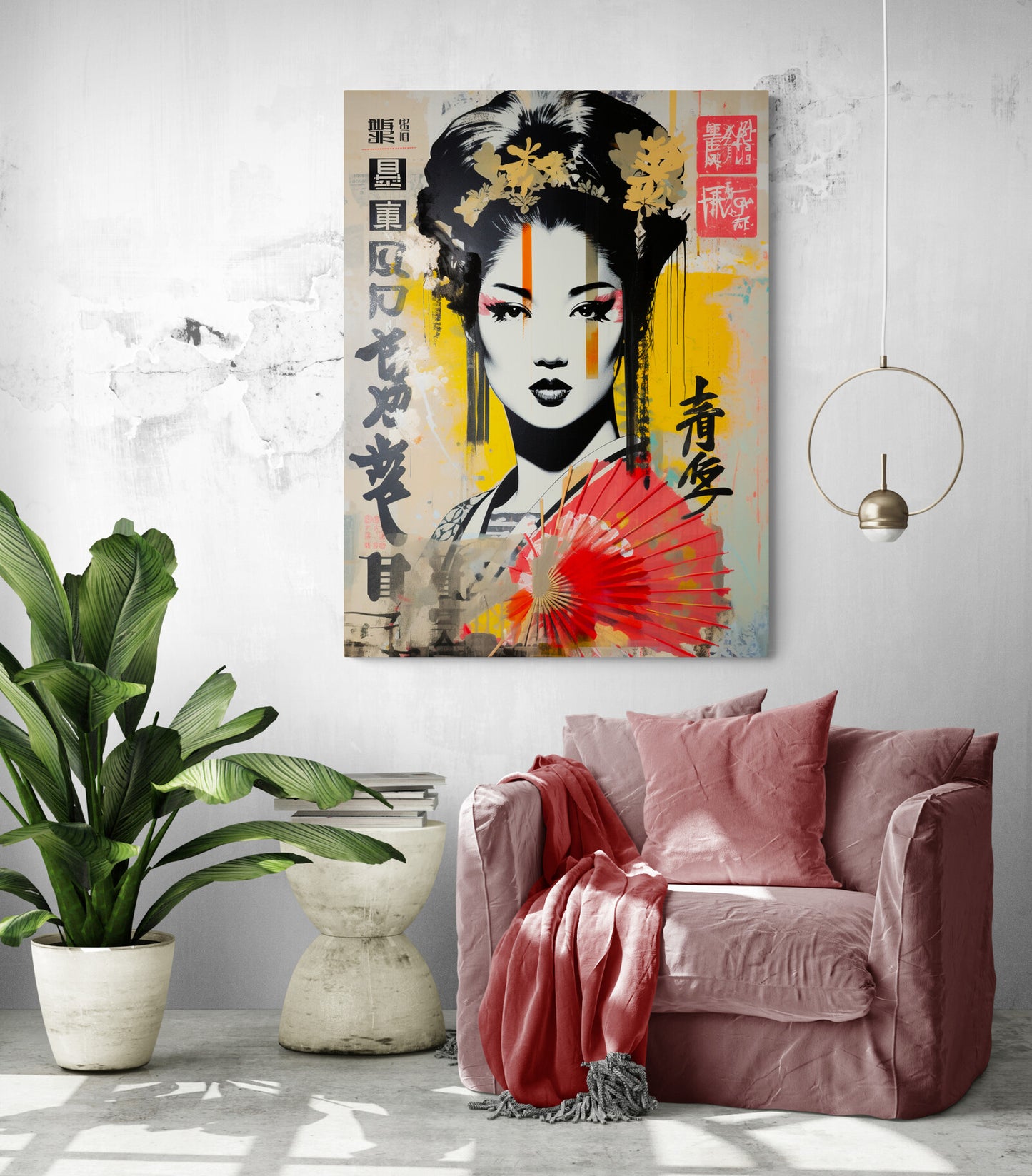 Dans un salon aux accents minimalistes, le tableau de geisha devient une pièce maîtresse captivante, apportant dynamisme et style à la décoration.