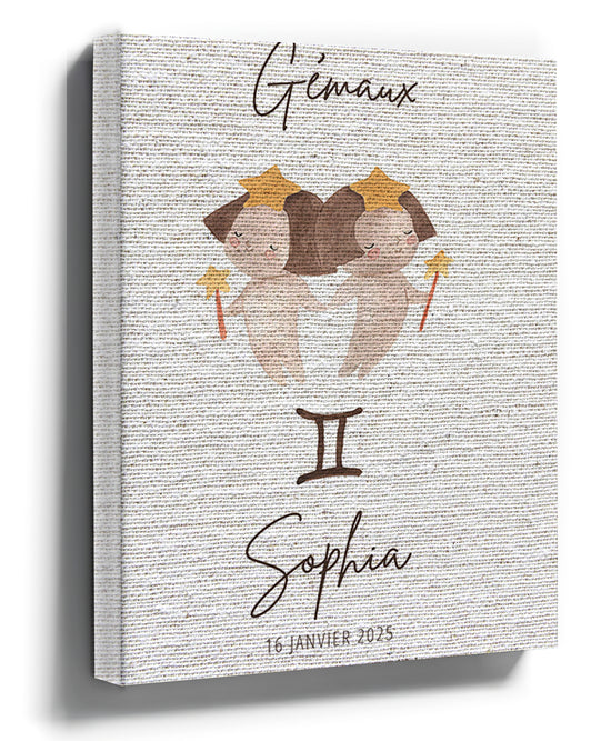 Personalized Gemini twins nursery wall art, custom baby zodiac print
