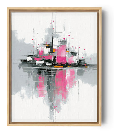 Abstraktes Wandbild mit Rosa- und Grautönen, moderner und urbaner Stil, der eine dynamische Atmosphäre widerspiegelt