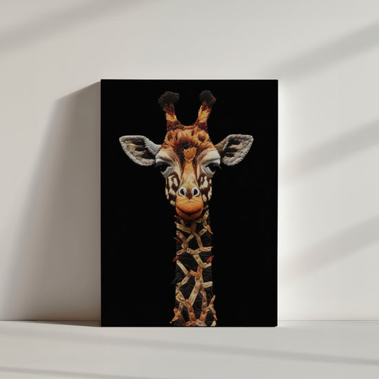 Stylized giraffe embroidered wall art in colorful thread on a black background