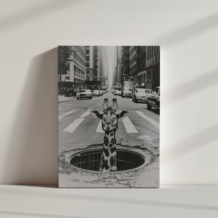 Black and white giraffe canvas print in a busy city with cars, high-rise buildings and a pedestrian crossing
