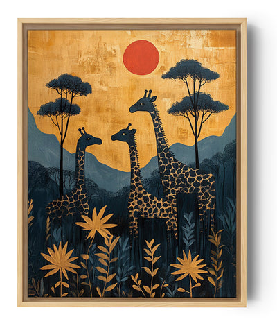 illustration représente trois girafes dans un paysage africain stylisé. Le fond est dominé par des tons or et bleu foncé, avec un soleil rouge vibrant qui contraste avec les montagnes et les arbres sombres en arrière-plan. Les girafes sont détaillées avec des motifs dorés sur leurs corps, s'intégrant harmonieusement avec le feuillage qui présente des teintes or et bleu nuit. Le style est graphique et minimaliste, avec une texture lisse et des formes simplifiées, donnant un aspect décoratif et élégant.