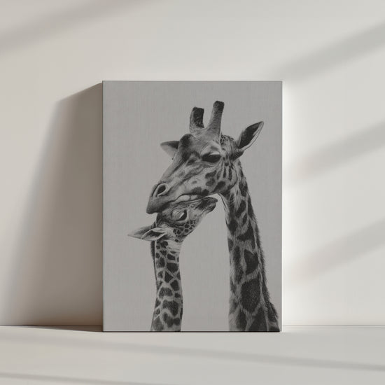 Black and white giraffe illustration capturing family love, ideal for modern living room decor