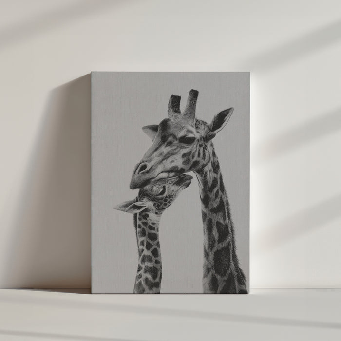 Black and white giraffe illustration capturing family love, ideal for modern living room decor