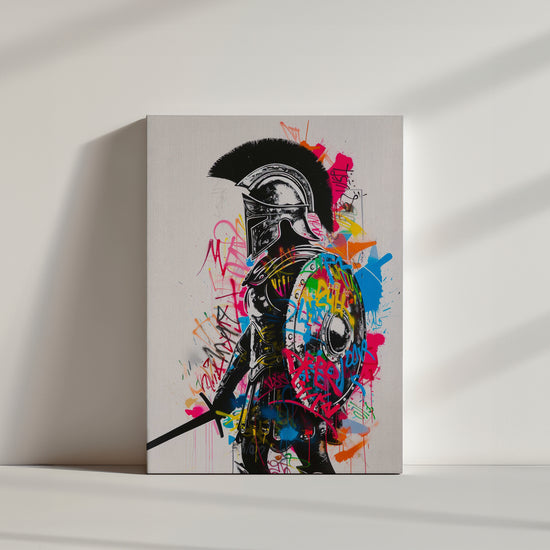 Silhouette of an armored Roman gladiator with graffiti, paint splatters and tag marks in bold, multicolored tones