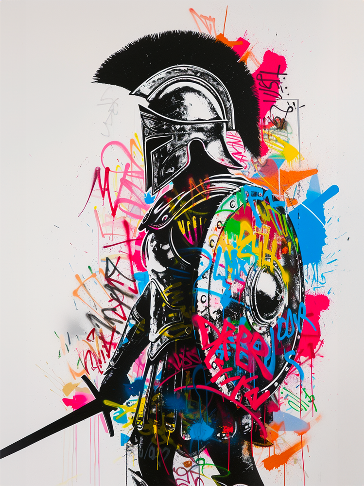 silhouette d'un gladiateur en armure avec graffiti avec des éclaboussures de peinture et des marques de tag dans une multitude de couleurs vives. 