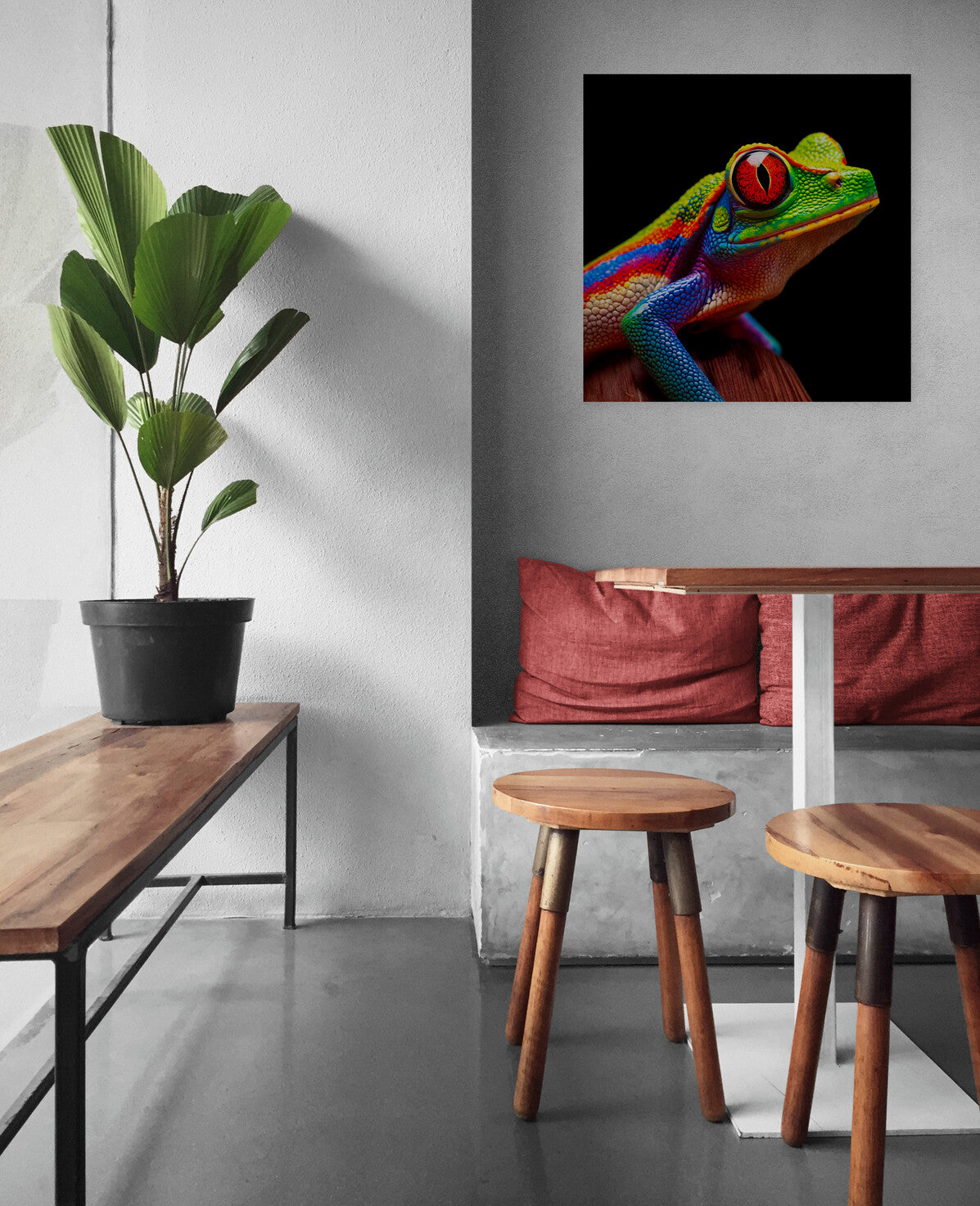 une toile photo avec une grenouille arboricole aux yeux rouges, apporte une ambiance tropical et fraiche dans la décoration de la piéce