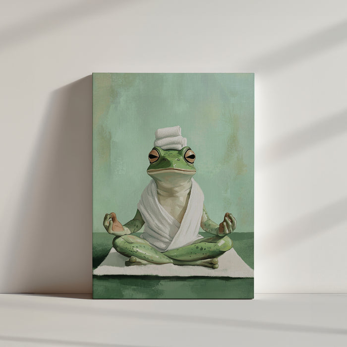 Detailed view of the painting: serene, half-lidded frog in lotus on a white mat against a soft pastel green backdrop