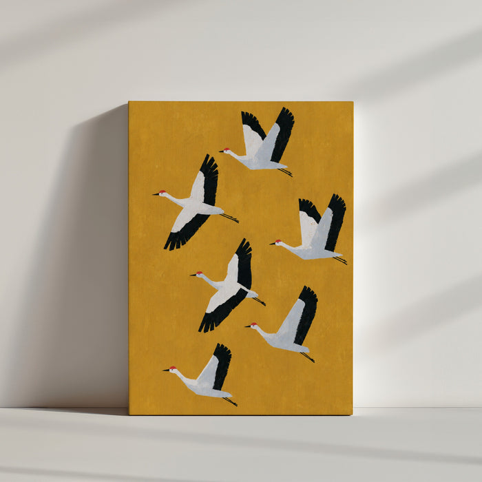 Tableau animaux grues blanches en vol fond jaune moutarde style graphique minimaliste décoration murale