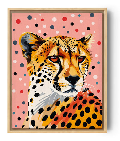 toile guépard, style dessin, fond rose et points rouge, blanc, noir et bleu.
