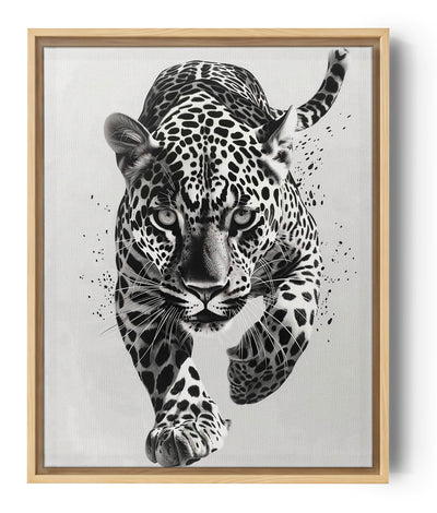 Black and white panther canvas on white background with black paint splatter — modern wall art
