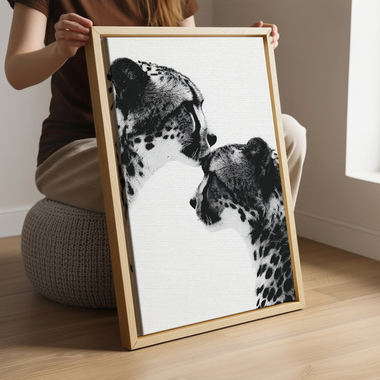 Close-up cheetah mother and cub monochrome canvas wall decor