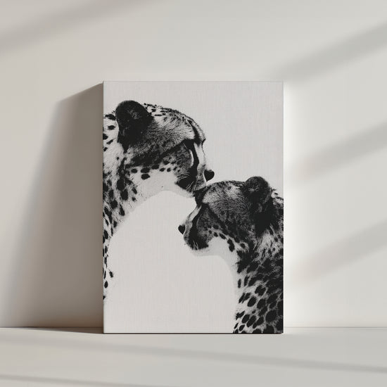 Cheetah mother nuzzling cub black and white canvas wall art for modern living room